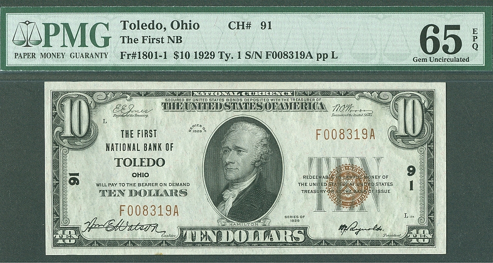 Toledo, Ohio, Charter 91, 1929T1 $10, Gem CU, PMG65-EPQ
